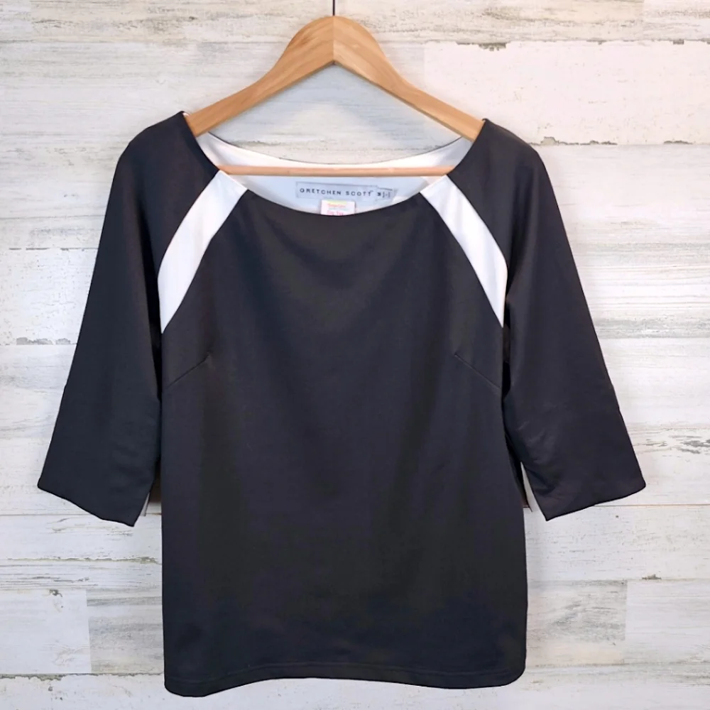 Gretchen Scott Jersey Tee Topper Medium Black 3/4 Sleeves Sporty Athleisure Golf - Picture 7 of 16
